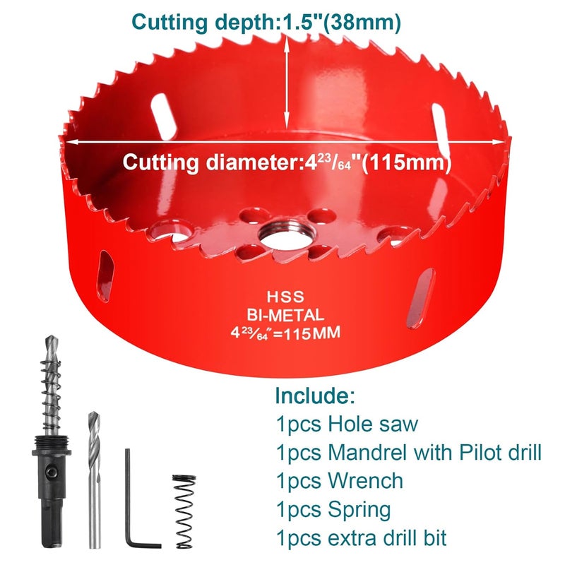 Allwin 4-23/64 Inch / 115mm Hole Saw for Wood, Plastic Board, Ceiling,Drywall, and Metal Sheet - HSS Bi-Metal Hole Cutter with Pilot Drill Bit - Image 2